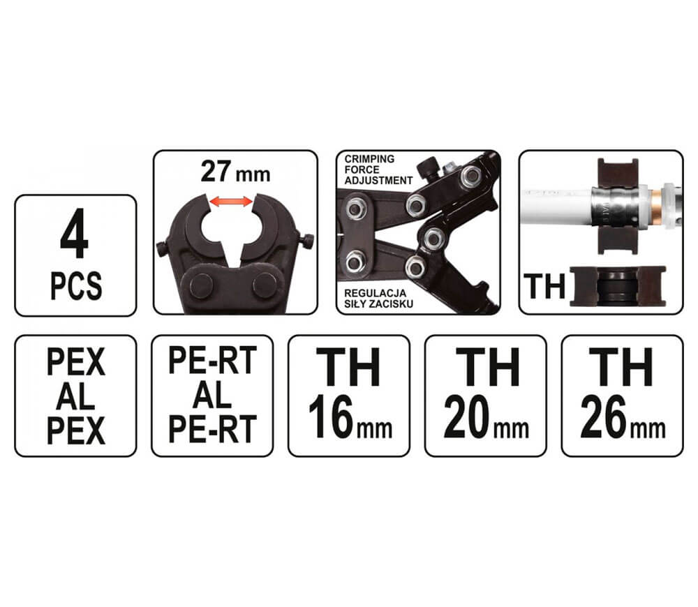 Clești de sertizare YATO YT21750 PEX-AL-PEX/PERT-AL-PERT/TH16/TH20/TH26-6