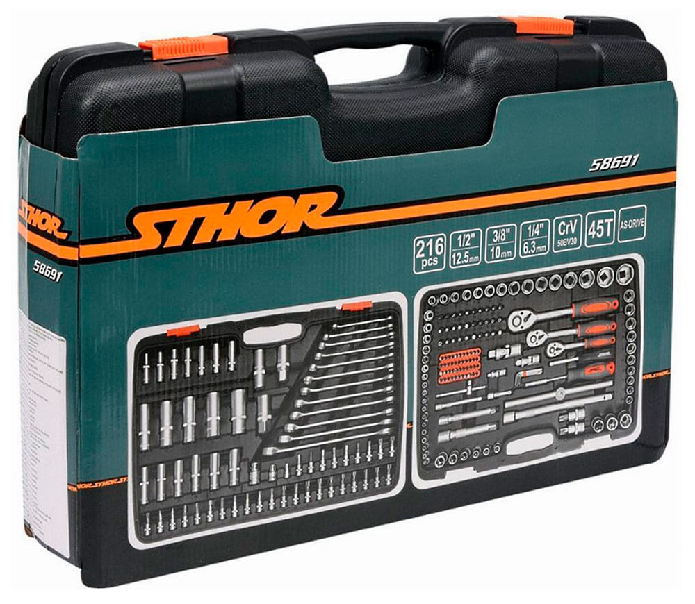 Set chei combinate, duze tubulare și biți STHOR STH58691 216unit. 4-32mm 1/2-1/4-3/8"-5