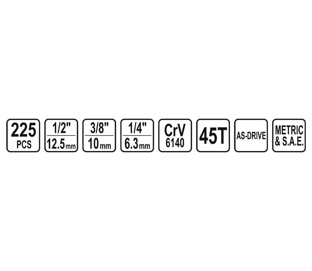 Set chei combinate, duze tubulare și biți STHOR STH58693 225unit. 4-32mm 1/2-1/4-3/8"-7