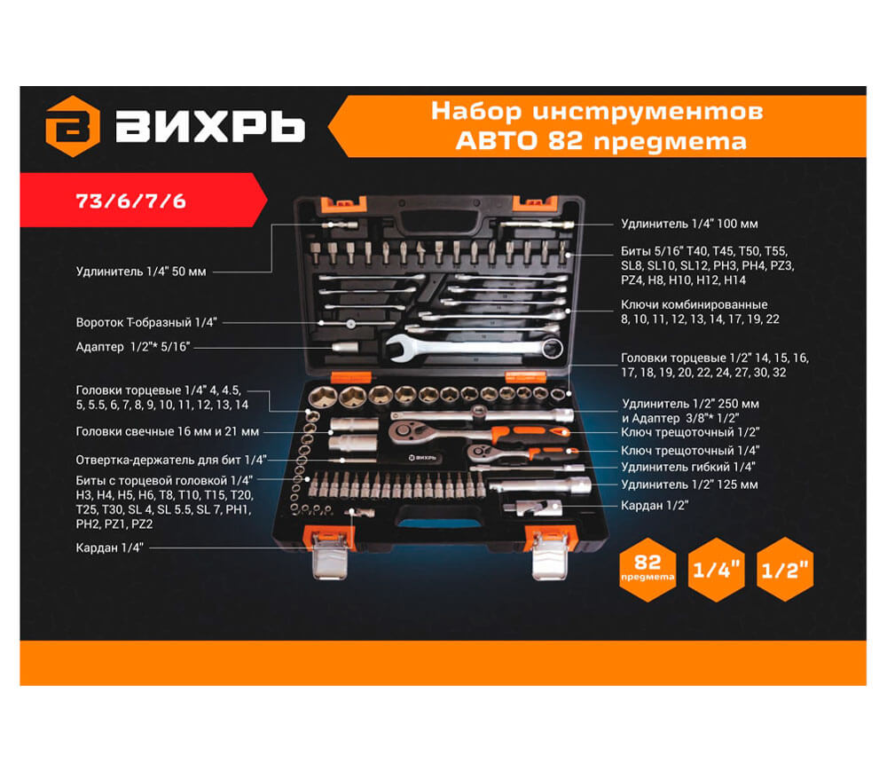 Set chei combinate, duze tubulare și biți VIHRI 73676 82unit. 4-32mm 1/2-1/4"-6
