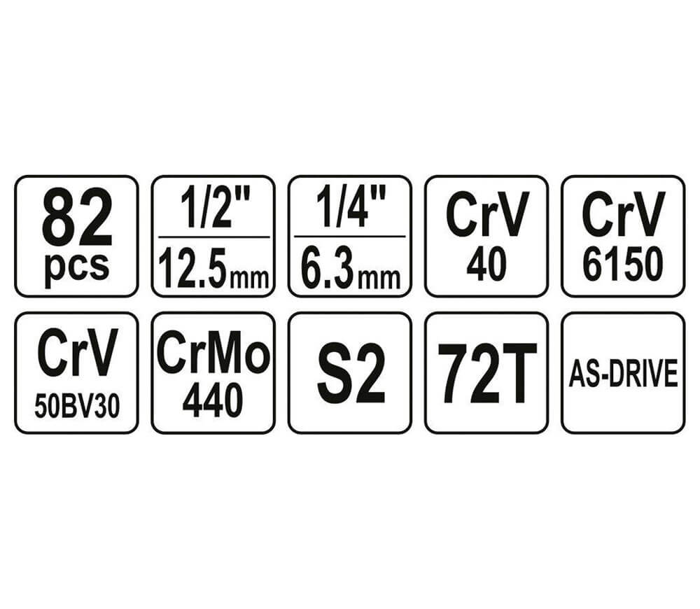 Set chei combinate, duze tubulare și biți YATO YT12691 82unit. 6-32 1/2-1/4"-6