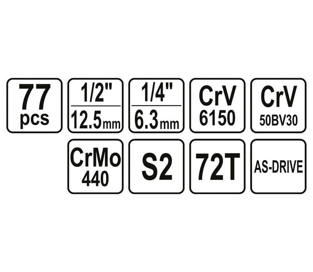Set chei combinate, duze tubulare și biți YATO YT38781 77unit. 4-32mm 1/2-1/4"-5