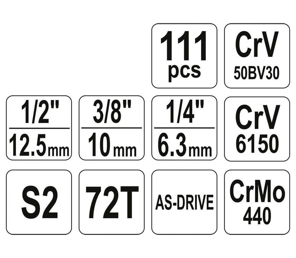 Set chei combinate, duze tubulare și biți YATO YT38831 111unit. 4-32mm 1/2-1/4-3/8"-5