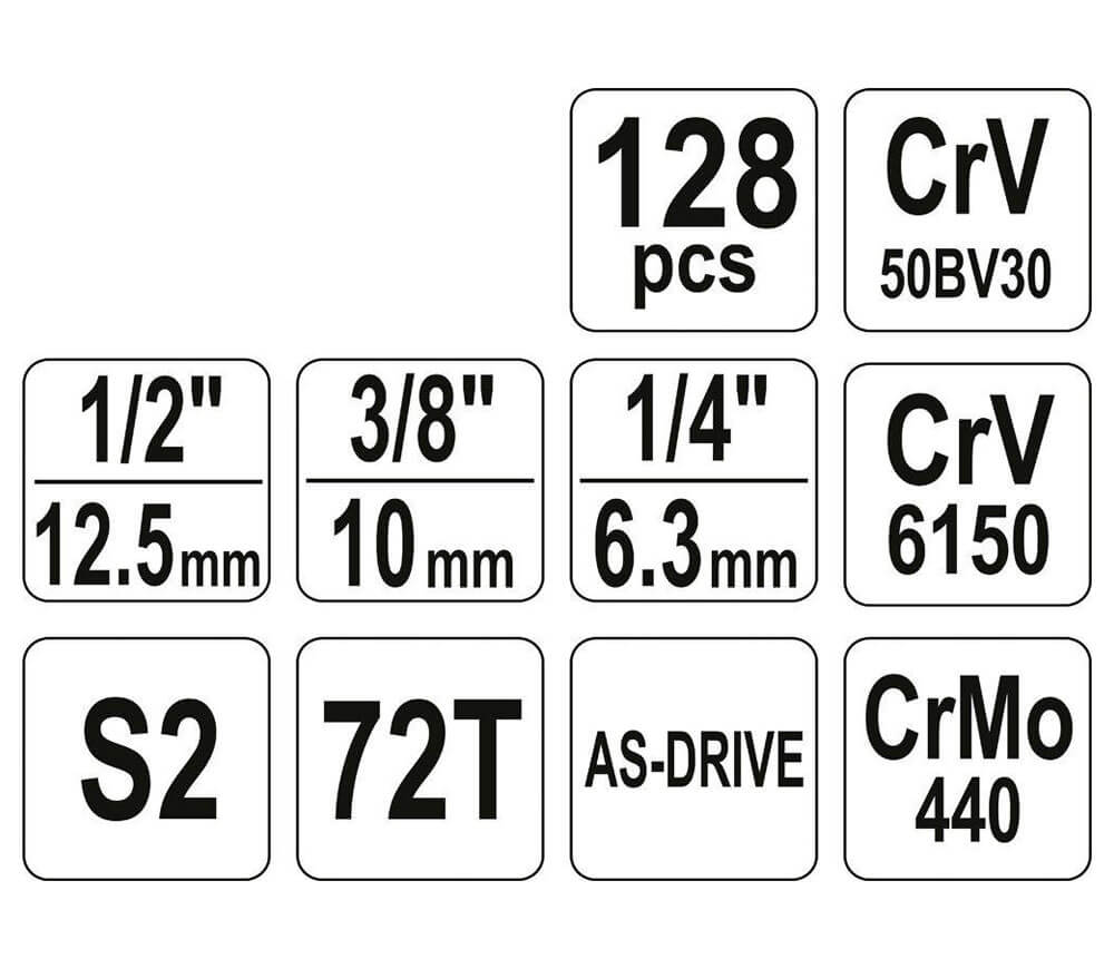 Set chei combinate, duze tubulare și biți YATO YT38872 128unit. 4-32mm 1/2-1/4-3/8"-5