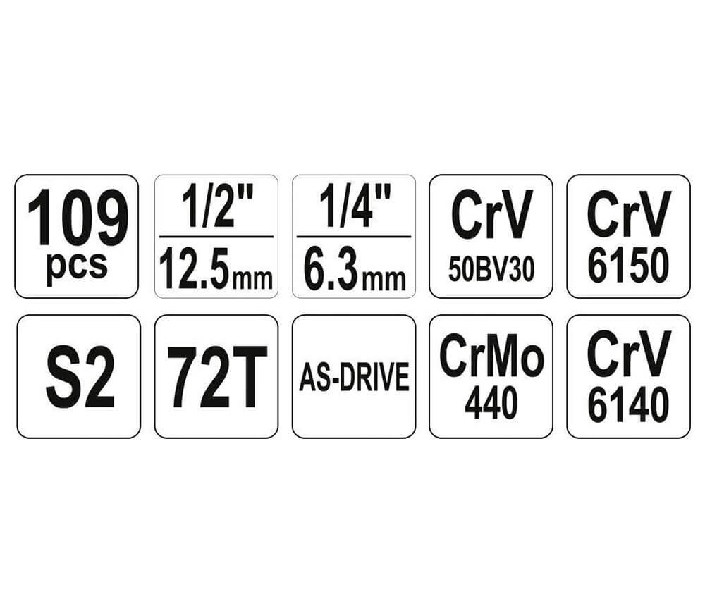 Set chei combinate, duze tubulare și biți YATO YT38891 109unit. 4-32mm 1/2-1/4"-6