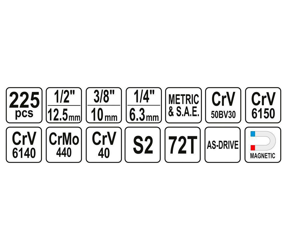 Set chei combinate, duze tubulare și biți YATO YT38941 225unit. 4-32mm 1/2-1/4-3/8"-6
