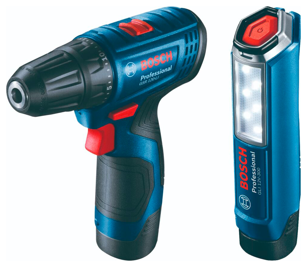 Set mașină de înșurubat cu acumulator cu lanternă BOSCH  GSR 120 LI + GLI 12V-300 12V 2Ah