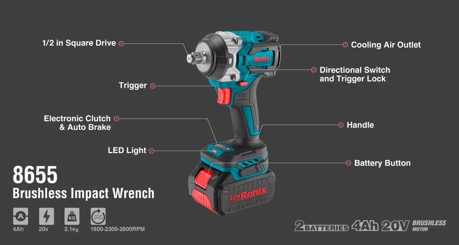 Mașină de înșurubat cu impact cu acumulator RONIX 8655 20V 4Ah 500Nm-12