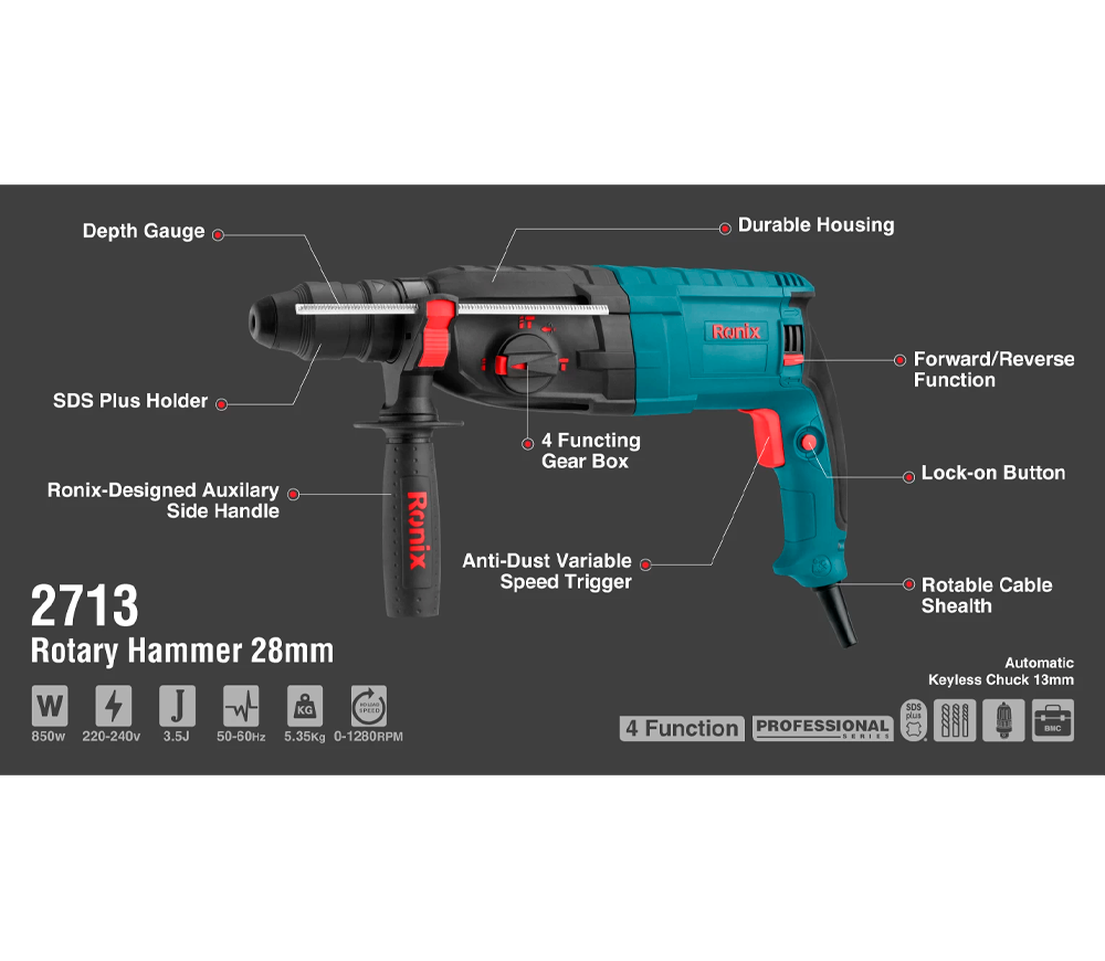 Ciocan rotopercutor RONIX 2713 850w SDS-Plus/Fixare rapidă-13