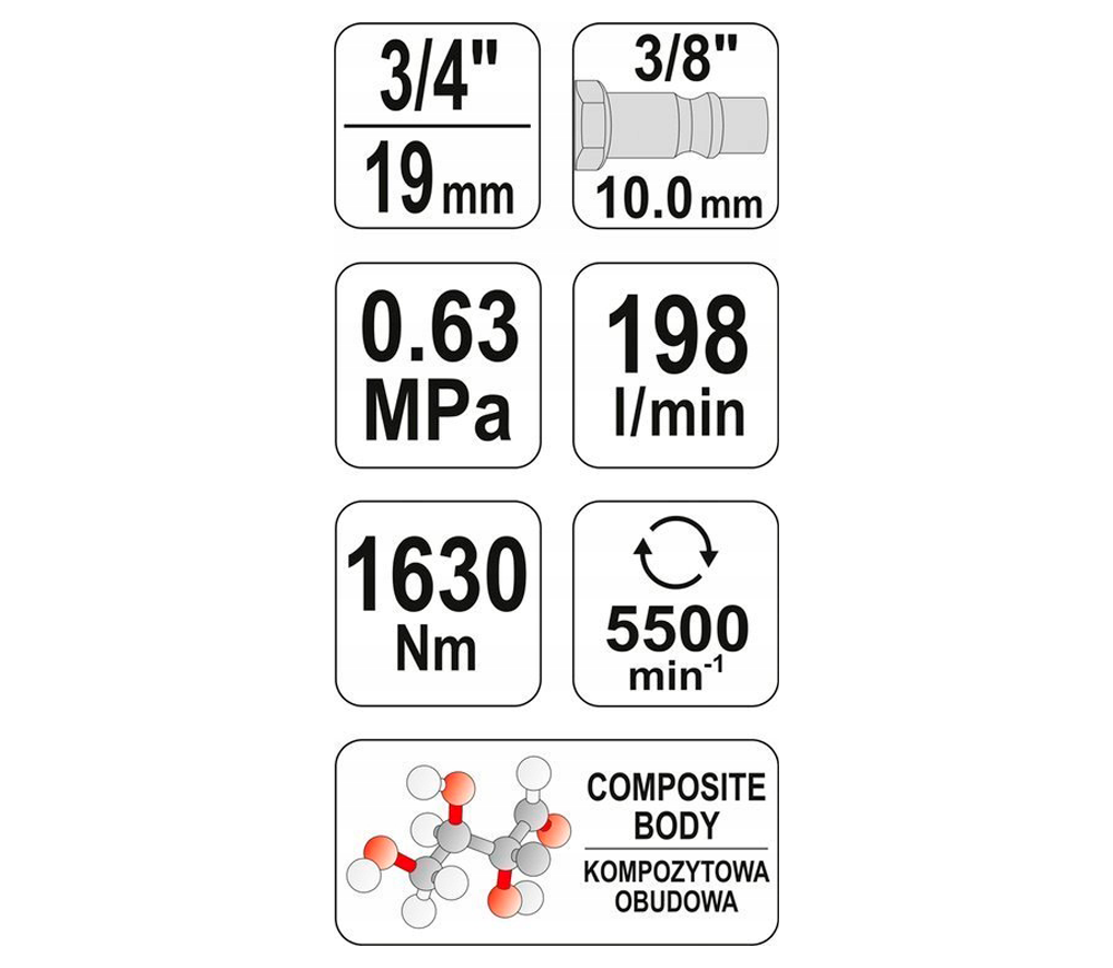 Mașină de înșurubat cu impact pneumatică YATO YT09571 1630Nm 5500rot/min-5