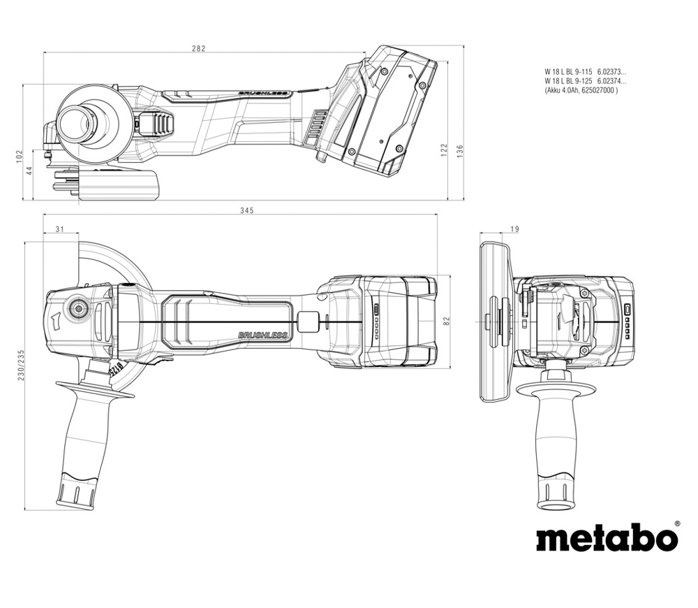 Polizor unghiular cu acumulator METABO W 18 L BL 9-125 125mm 18V 4Ah-8