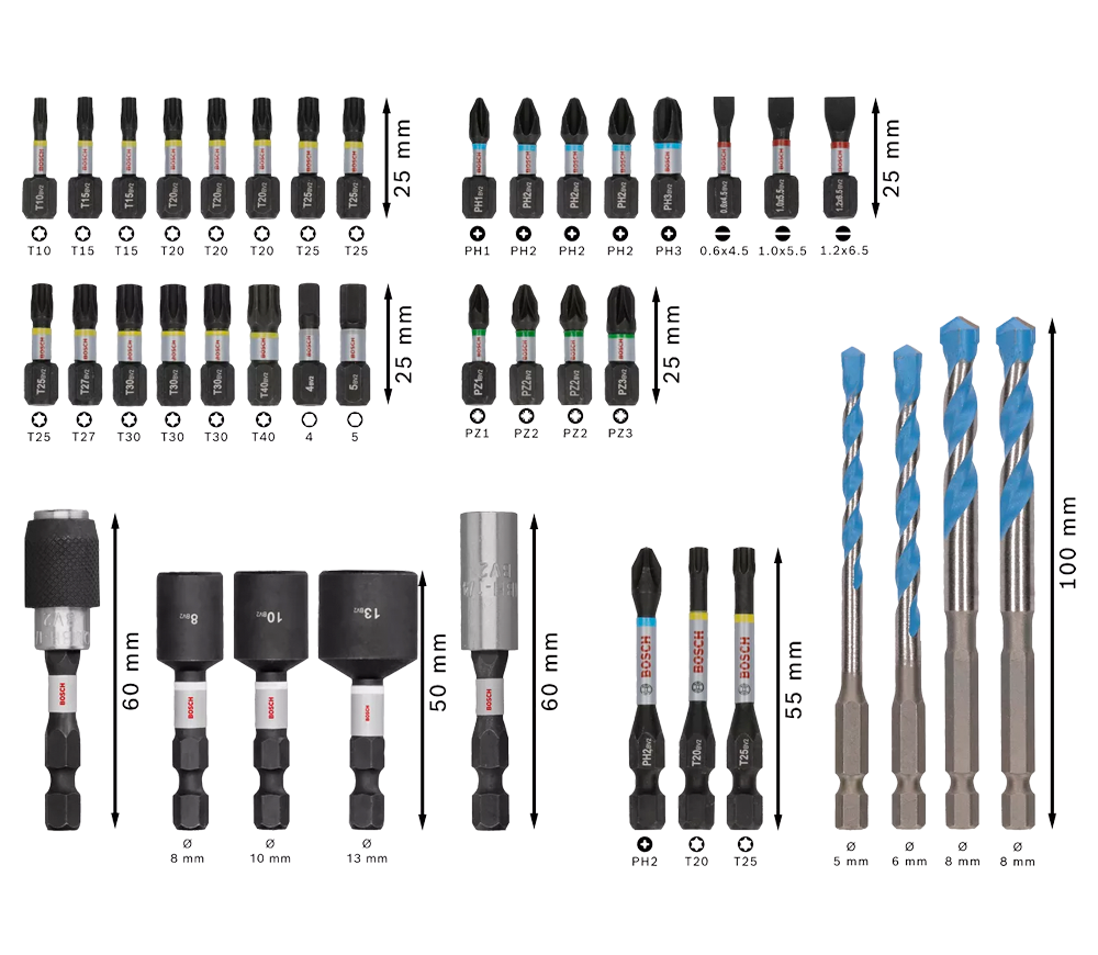 Набор бит BOSCH  PRO Impact Mixed Set PH/PZ/TX 25/55мм-2