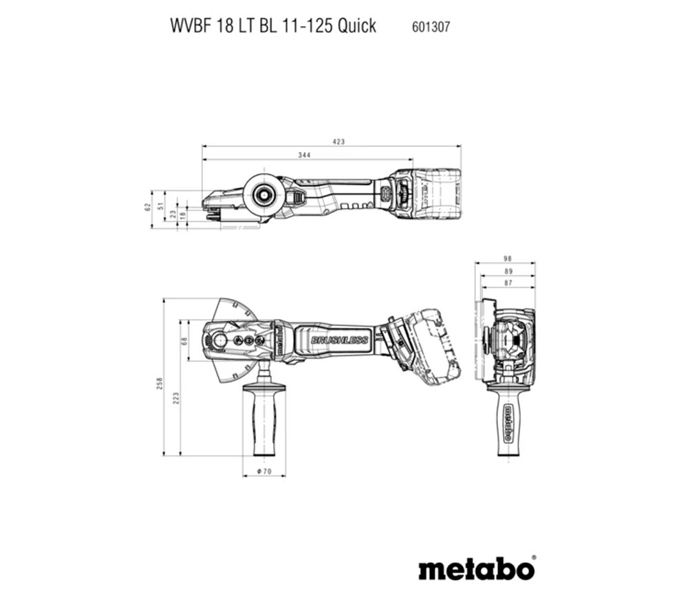 Polizor unghiular cu acumulator (fara bat) METABO WVBF 18 LT BL 11-125 Quick 125mm 18V-7
