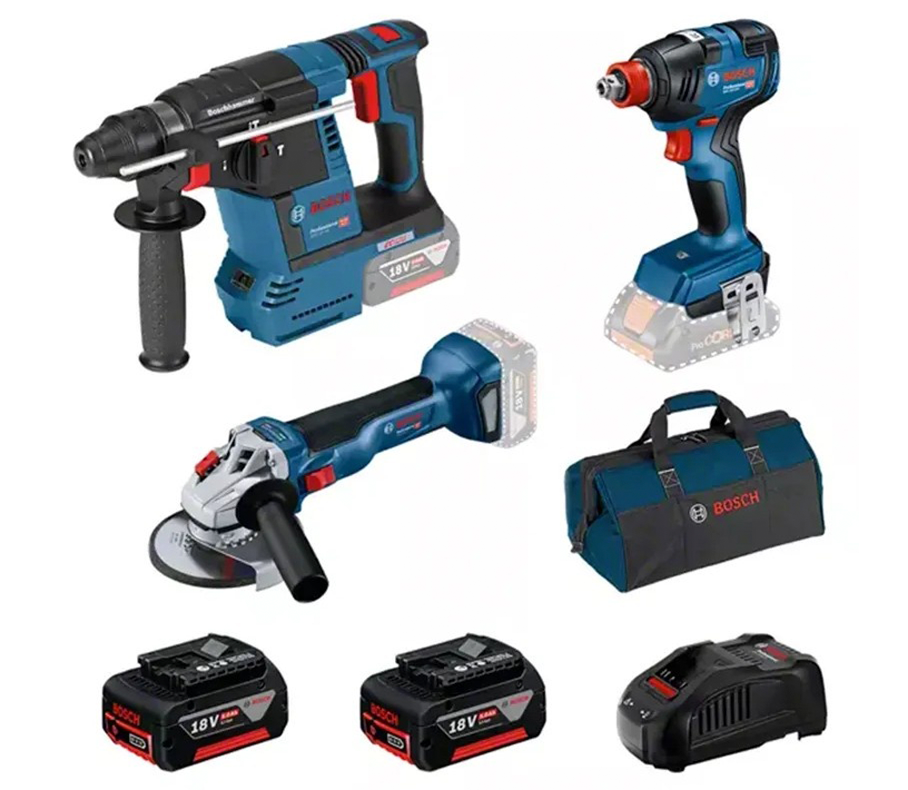 Set de unelte cu acumulator BOSCH GBH 18V-26 + GDX 18V-200 + GWS 18V-10